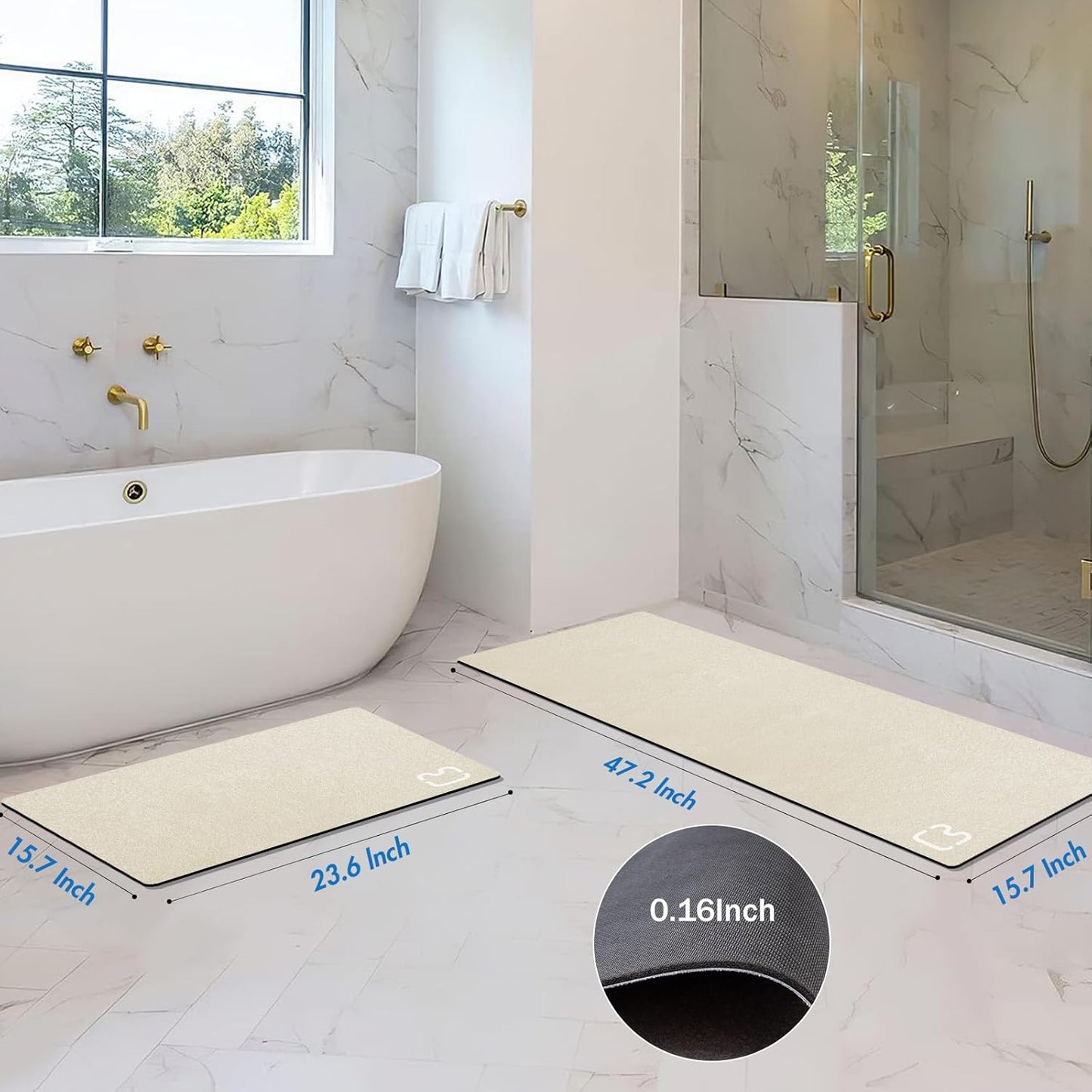 2 Piece Bathroom Mat Rugs Set - Quick Dry Absorbent Diatomaceous Earth Bath Mat Non-Slip Bathroom Floor Mat with Rubber Backing, Thin Bathroom Rugs Fit Under Door, 15.7x23.6+15.7x47.2 Inch, Beige