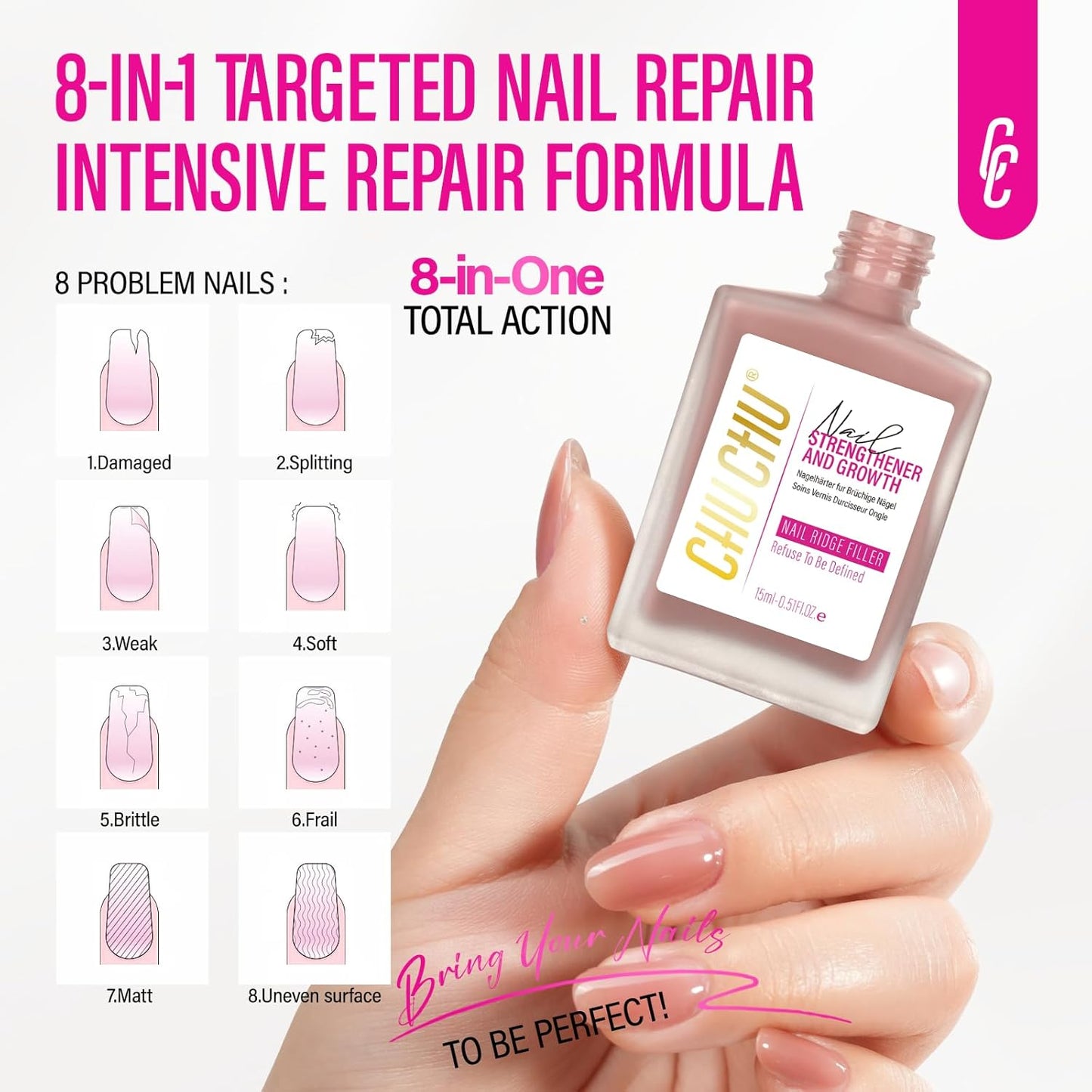 Nail Repair Strengthener for Women: 8 in 1 Coral Pink Protein Nail Hardener Extra Strong and Growth - Natural Nail Polish for Weak and Damaged Nails 15ml