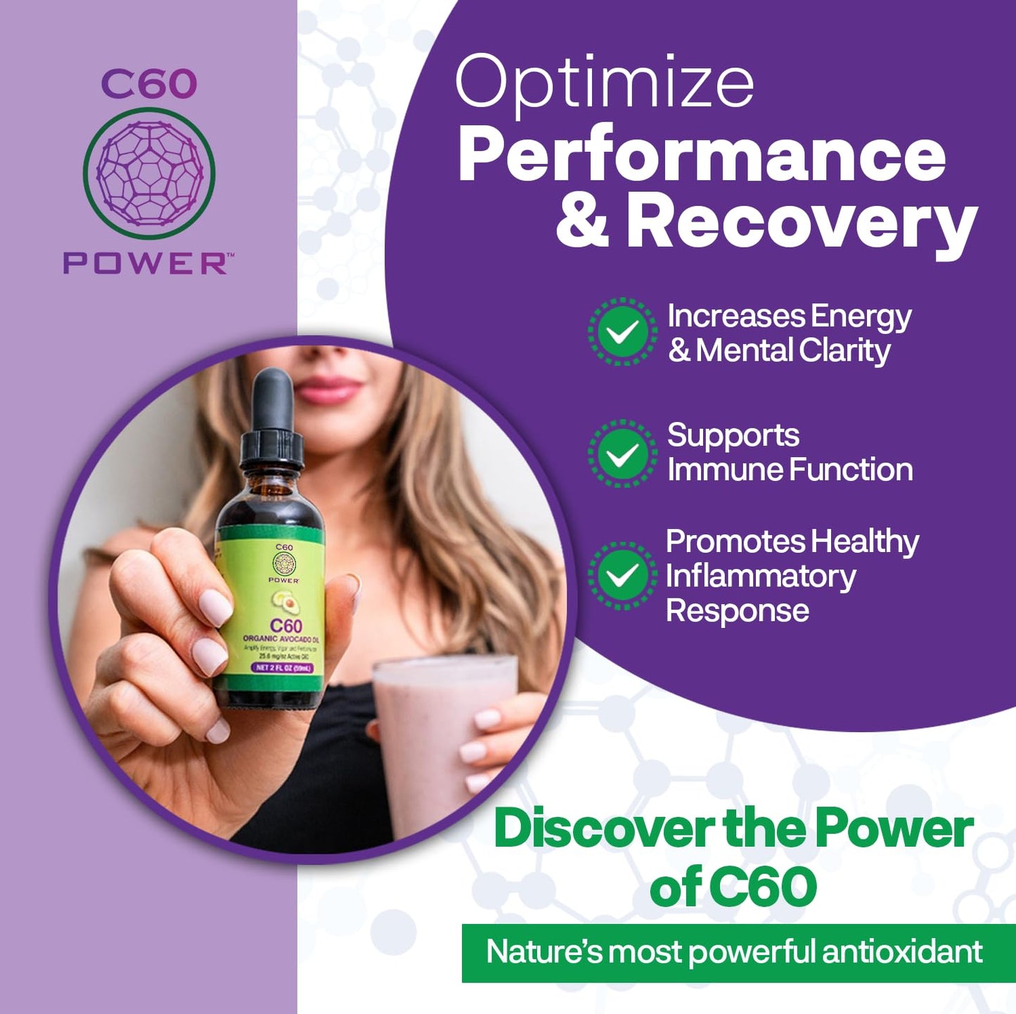 C60 Power C60 in Organic MCT Coconut Oil - Natural Wellness Support for Men & Women, 99.99% Pure Carbon Fullerenes, Promotes Energy, Mental Clarity, & Stamina - 4 fl oz Bottle