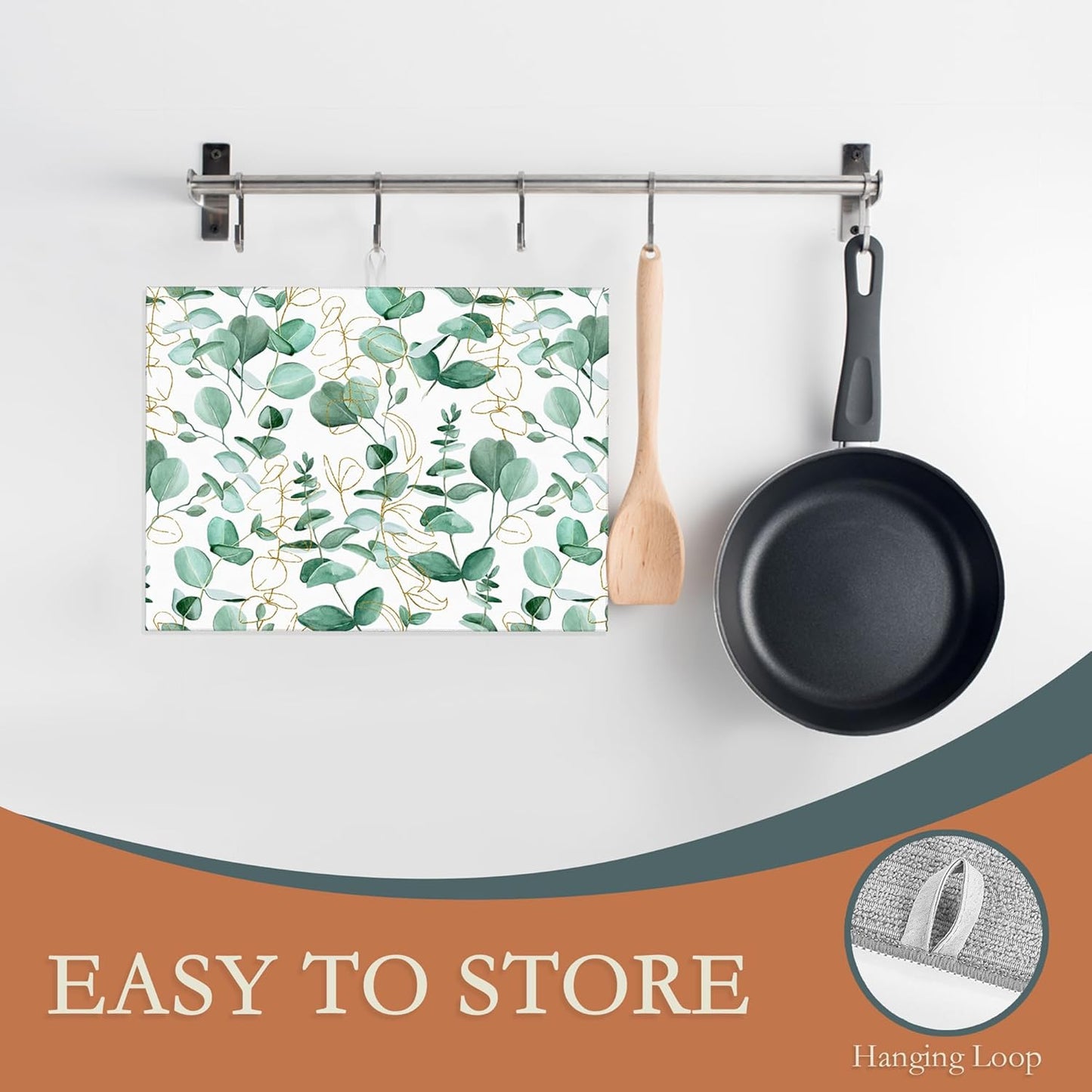 Eucalyptus Leaves Dish Drying Rack Mat for Kitchen Counter,Vintage Boho Dish Drying Pad Absorbent Reversible Microfiber Protector for Coffee Bar Sink Countertops 18x24 Inch