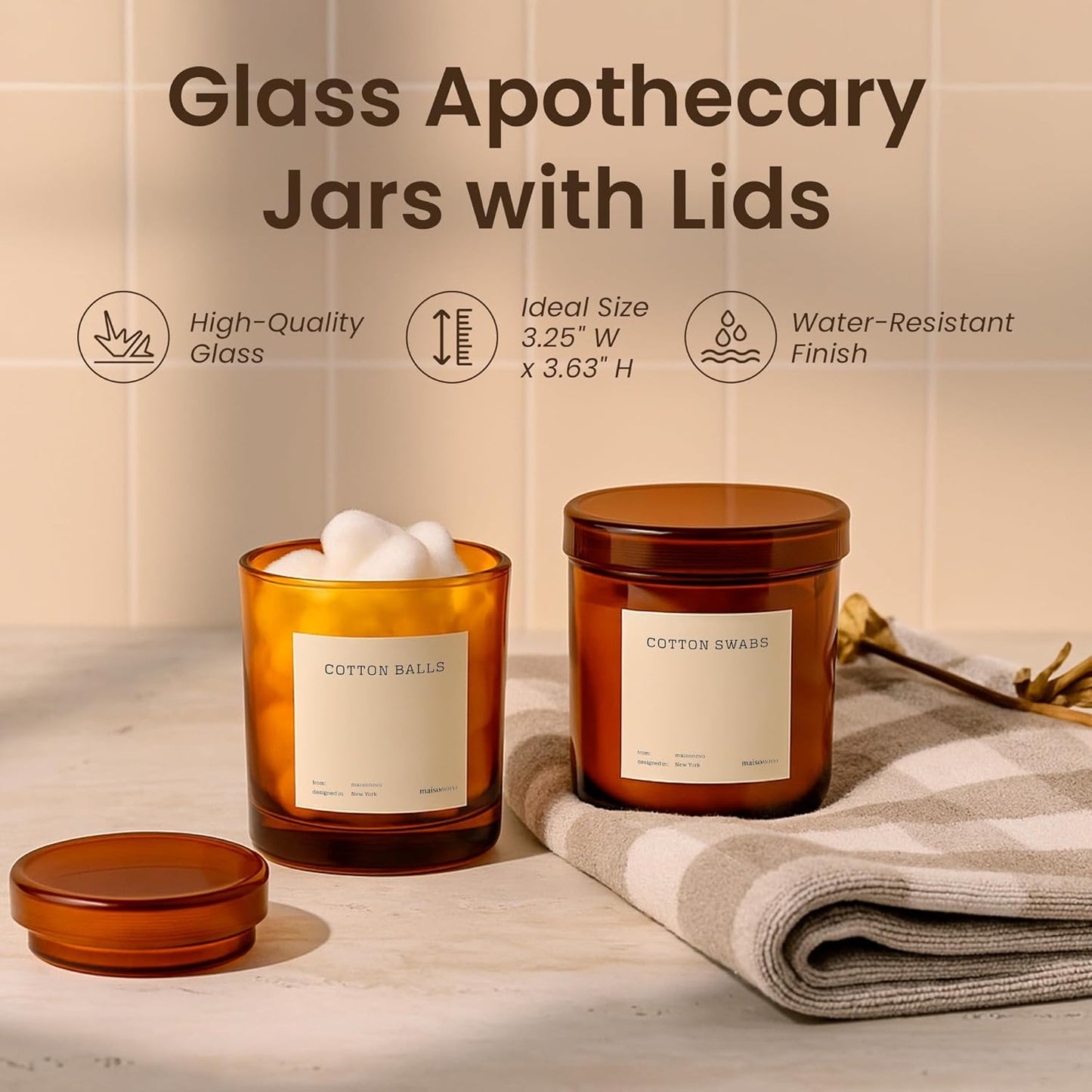 MaisoNovo Qtip Holder Bathroom Set – Airtight Glass Qtip Holder with Lid to Store Q Tips, Cotton Rounds, Cotton Balls, Floss Picks, Hair Ties with free labels pack - 2 Amber Jars with Glass Lids