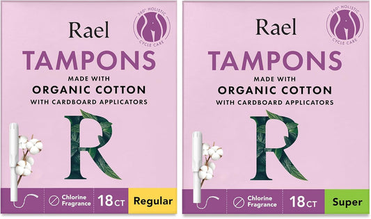Rael Tampons, Cardboard Applicator with Organic Cotton, Multipack, Regular and Super Absorbency, Unscented, Upgraded Easy Grip, Biodegradable, Chlorine-Free (36 Count, Bundle)