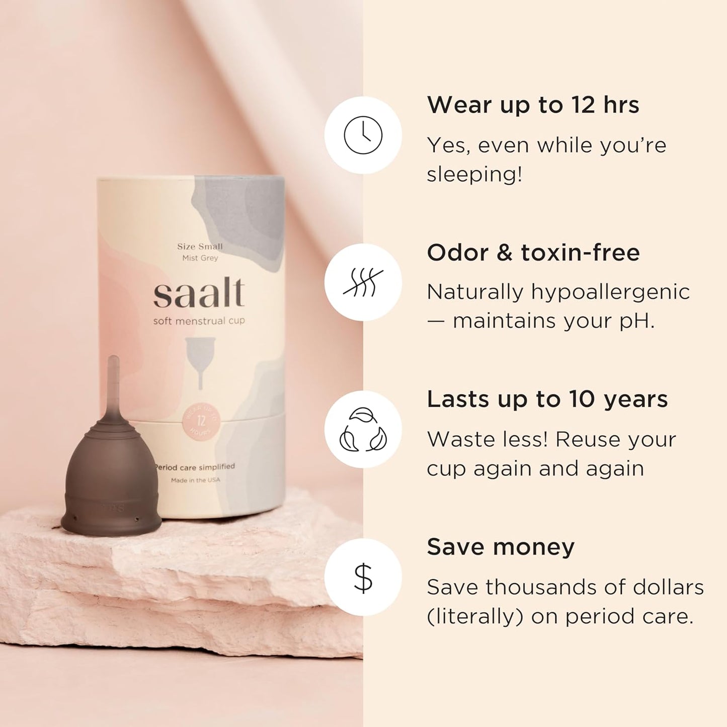 Saalt Soft Menstrual Cup – Reusable Period Cup – Made for Comfortable, Leak-Free Protection Up to 12 Hours – BPA & Latex Free – Includes Cup & Carry Bag (Regular, Grey)
