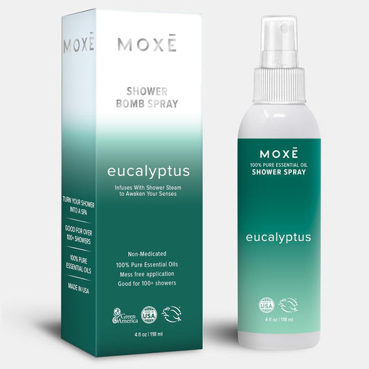 MOXE Eucalyptus Oil Shower Mist, Spa Steam Spray, Certified Natural 100% Essential Oils, Made in USA, Aromatherapy, Sinus Congestion Relief, Tension Relief (4oz)