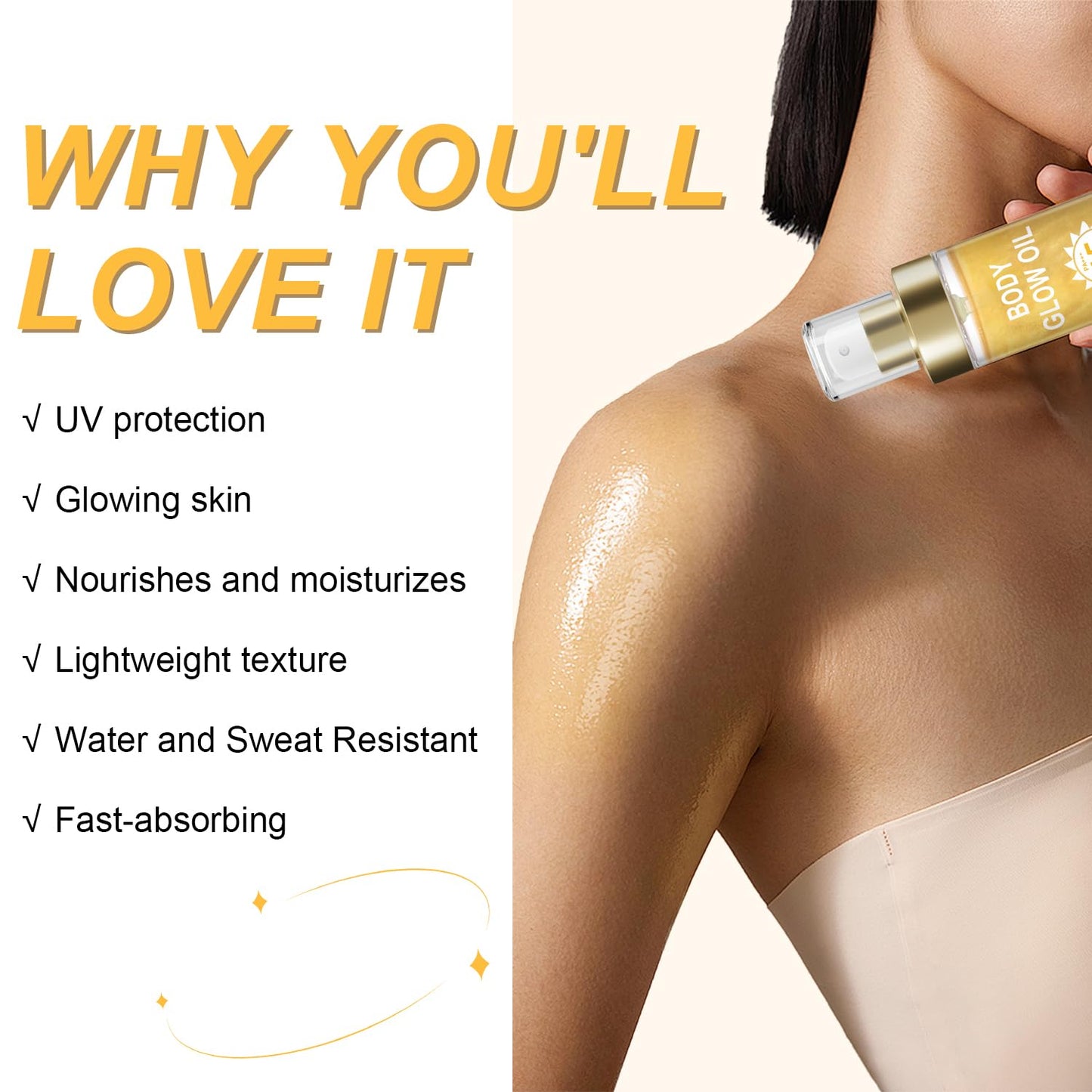 Body Glow Oil, Sunscreen Shimmer Oil, SPF 45 Broad Spectrum, Body Oil with with Coconut Oils, Moisturizing Glow for Face & Body, Liquid Illuminator Highlighter, Water Resistant, 3.72 fl oz (#1 GOLD)