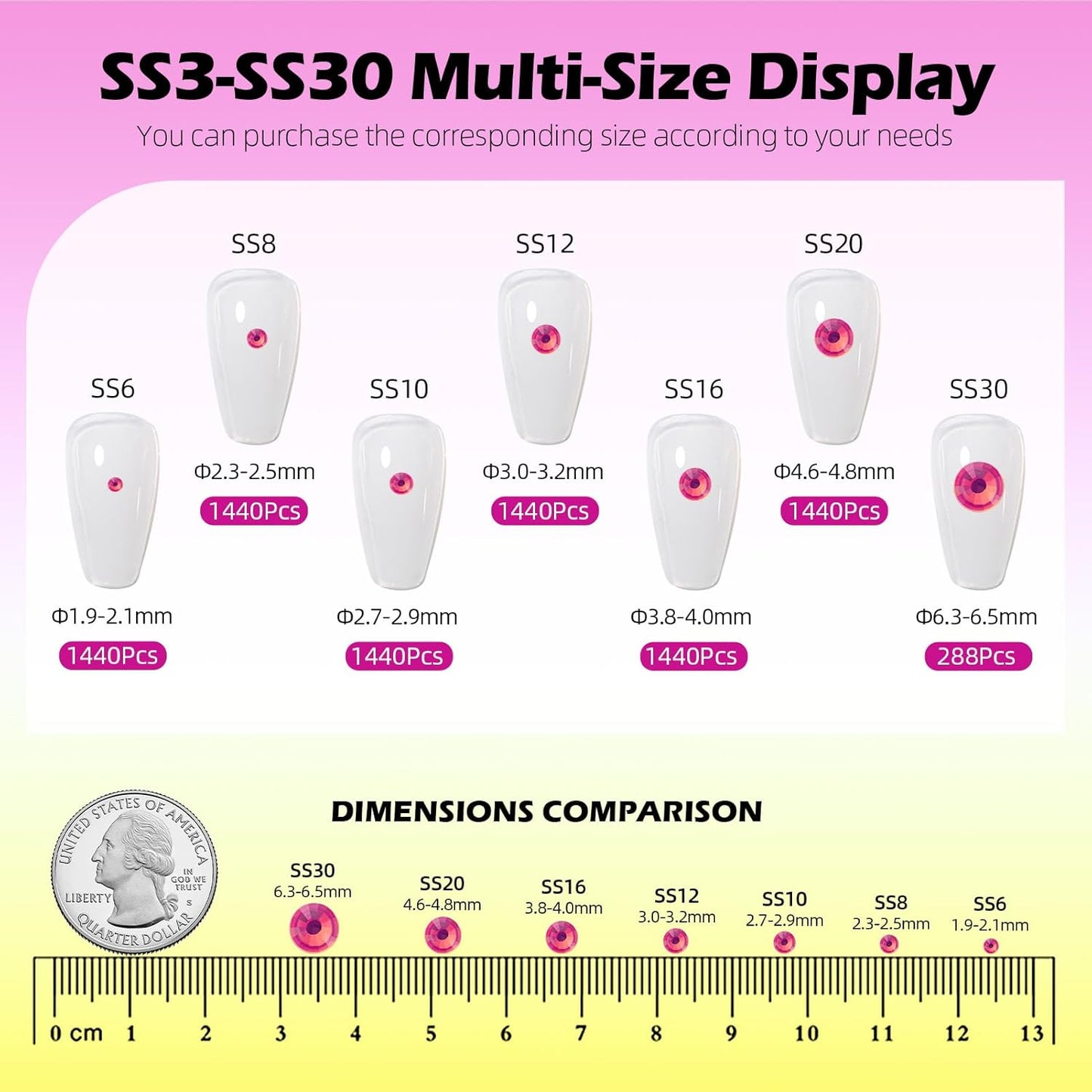 F Rose Flatback Rhinestones, Glass Rhinestones for Nail Art and Craft, Glue Fix, Loose Crystal Gemstones(F Rose, SS12, 1440pcs, 2.9-3.0mm)