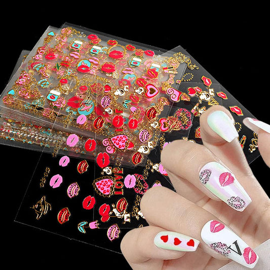 30Pcs Lips Nail Stickers for Valentine's Day 3D Gold Nail Decals Foils Nail Art Supplies Valentines Heart Red Lip Self-Adhesive Nail Design Metallic Nails Stickers for Women Girls DIY Decoration