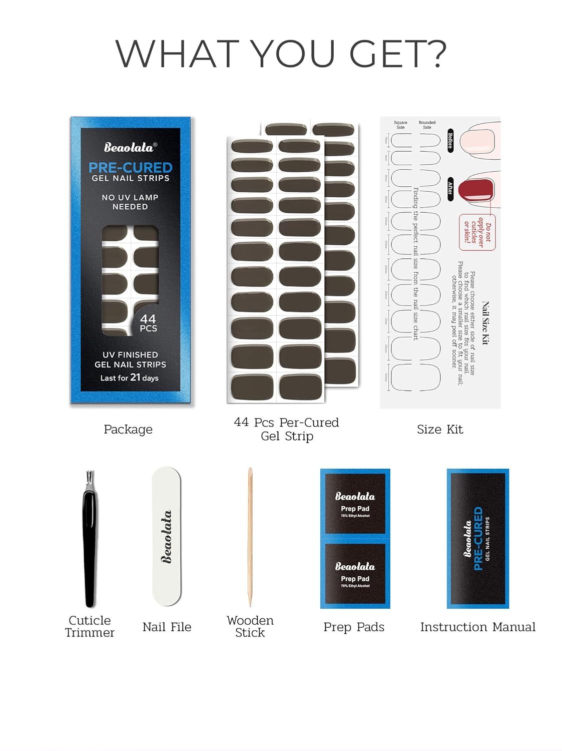 Pre Cured Gel Nail Strips - 44PCS Salon Quality Gel Nail Stickers - Long Lasting Polish Wraps for Women no UV Light Needed Easy Apply& Remove (Fern Brown)