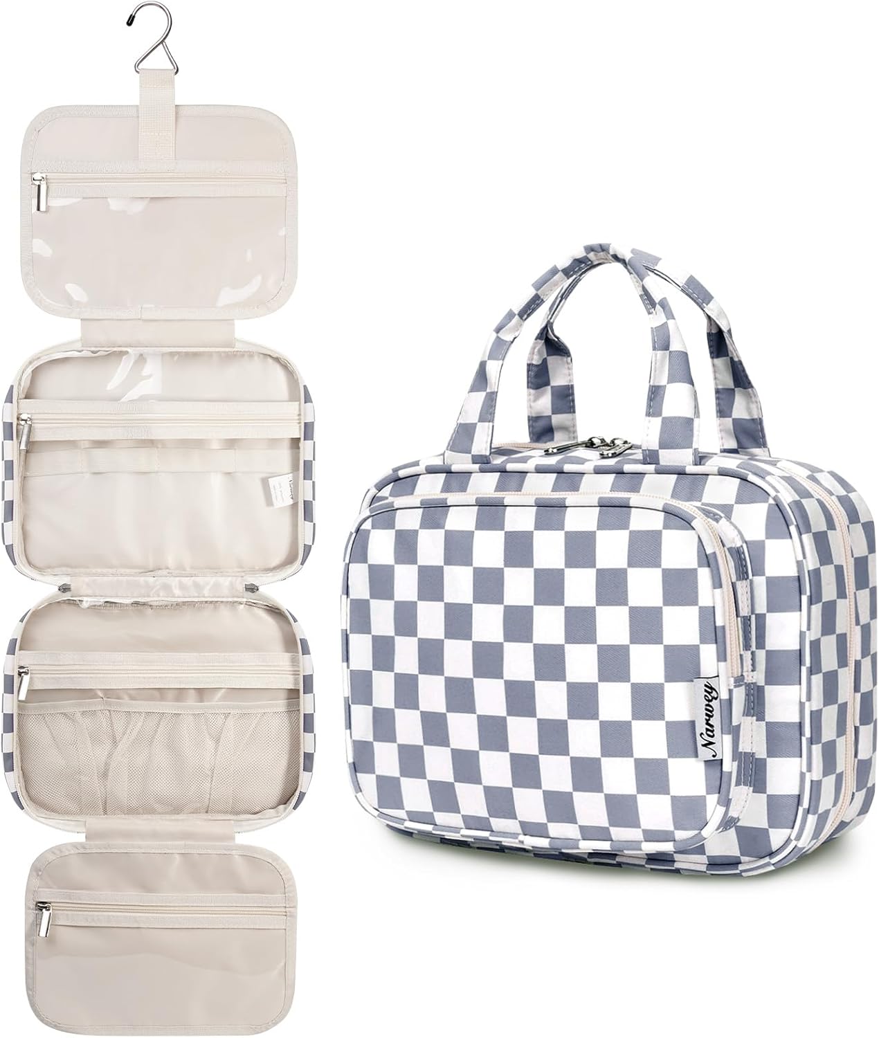 Narwey Hanging Toiletry Bag for Women Travel Makeup Bag Organizer Toiletries Bag for Travel Size Essentials Accessories Cosmetics (Grayish Blue Checkerboard (Medium))