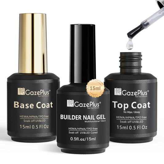 3Pcs 15ml Builder Nail Gel with Base and No Wipe Top Coat Set 10-in-1 Clear Builder Gel With Top and Base Coat Shine Finish and Long Lasting for Nail Extension Strengthener