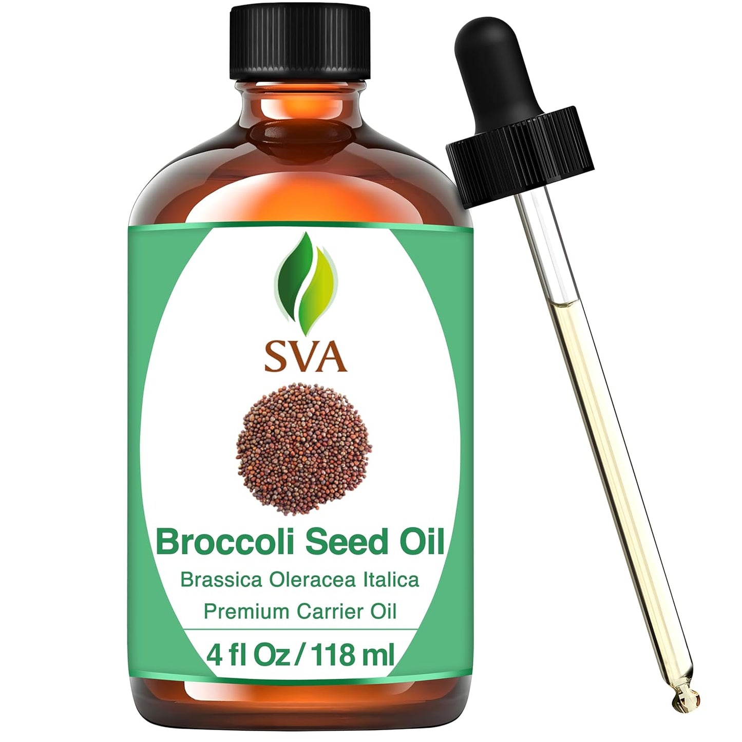 SVA Broccoli Seed Oil - 4 Fl Oz – 100% Natural Cold Pressed Broccoli Oil - for Face, Skin Care, Hair Care, Scalp Massage & Body Massage – Carrier Oil with Dropper