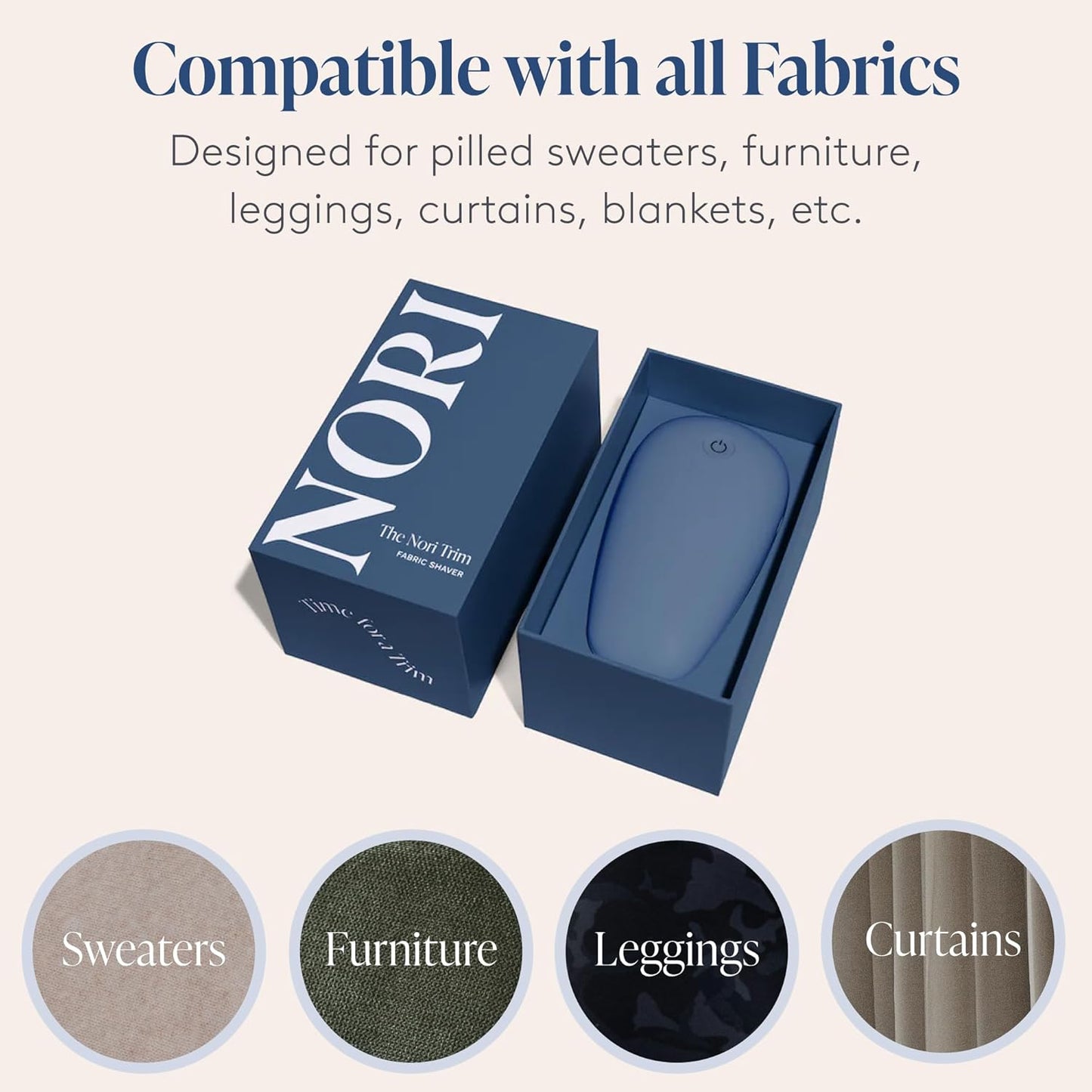 Nori Trim Fabric Shaver - Lint Remover for Clothes & Furniture Couch Pilling - Sweater Pill Remover - Clothes Shaver with 6 Precision Blades - Wireless and Rechargeable - Navy