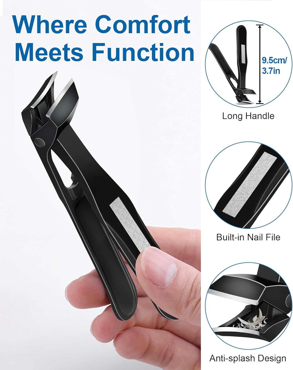 Toenail Clippers for Thick Toenails & Ingrown Nails, Slanted Curved Blade, Wide Mouth, Angled Head Toe Nail Clippers for Seniors with Long Handle & No Splash Catcher - Black