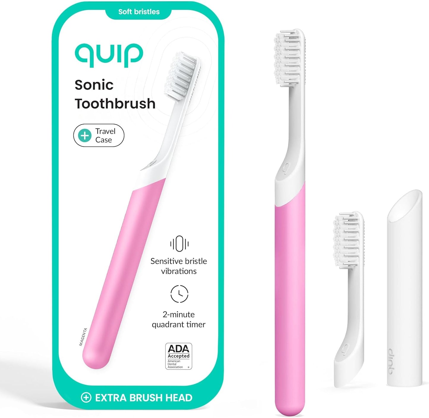 Quip Sonic Toothbrush for Adults with Timer - Includes Extra Brush Head and Travel Cover Mount - Electric, Soft Bristle Refill Head, Plastic Handle, 3 Month Battery Life - Travel Toothbrush - Magenta