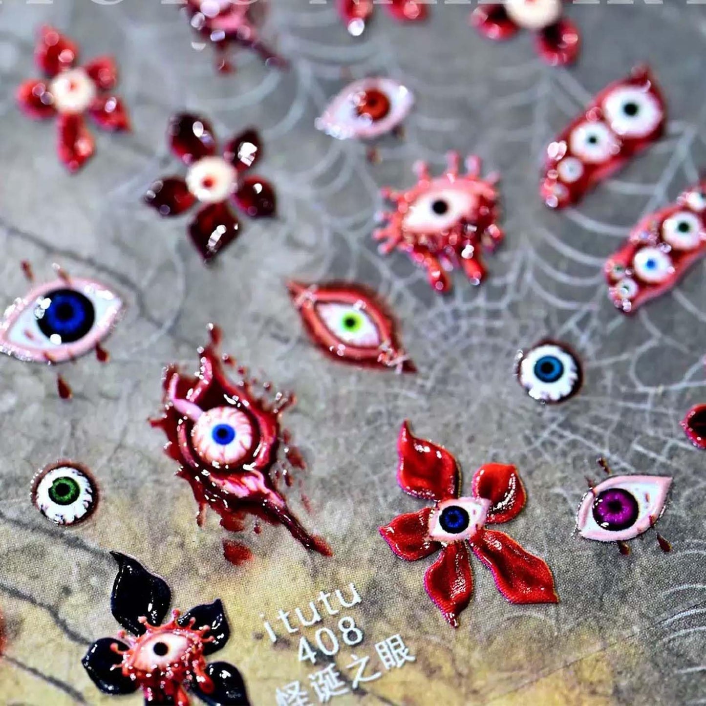 Halloween Nail Sticker 5D Embossed Self-Adhesive Nail Art Stickers Horror Nail Art Decals with Eye Flower Design Nail Decals Supplies for Women Girls Manicure Accessories Decoration