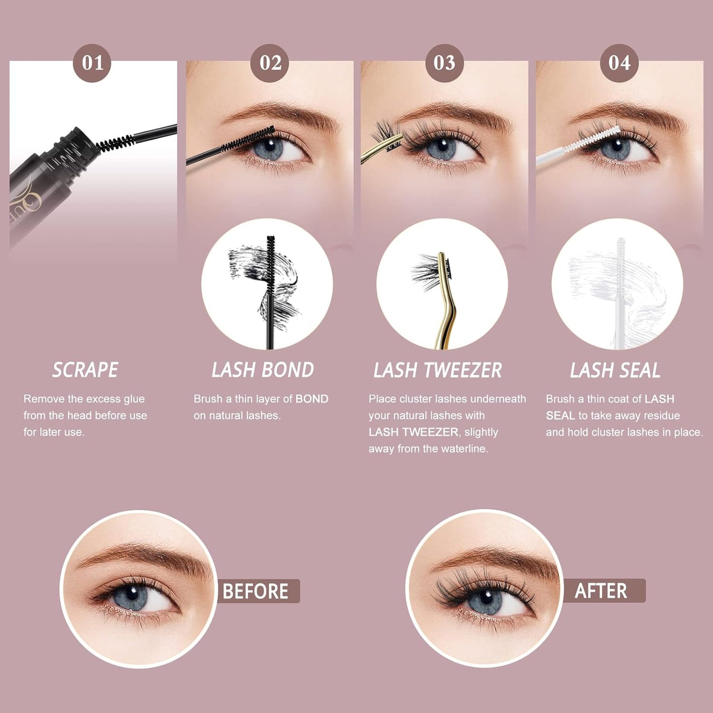 QUEWEL Cluster Lashes 72 Pcs Wide Stem Individual Lashes C/D Curl 8-16mm Length DIY Eyelash Extension False Eyelashes Soft for Personal Makeup Use at Home (honey01-C-8)