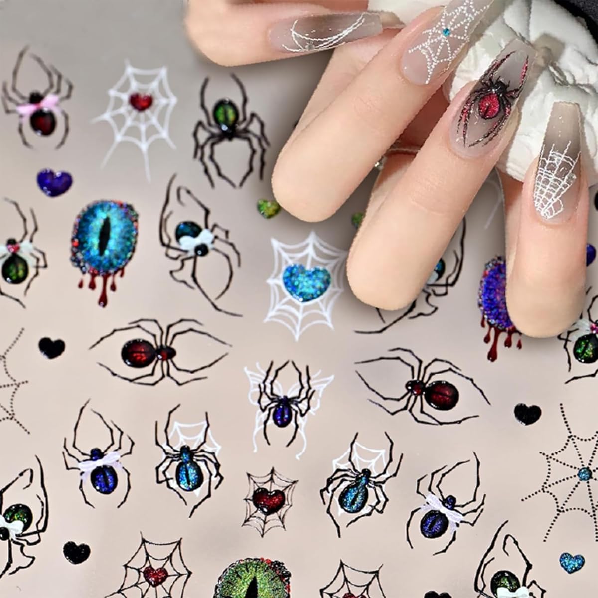 2 Sheets Halloween Nail Art Stickers Decals 5D Embossed Spider Web Nail Decals Glitter Spider Eyes Nail Design Stickers Gothic Halloween Nail Art Supplies for Women DIY Manicure Decoration Accessories