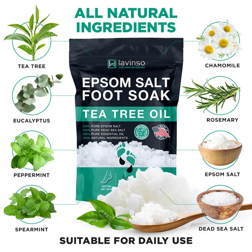 Tea Tree Oil Foot Soak with Epsom Salt - Made in USA - for Toenail Health, Athletes Foot, Stubborn Foot Odor, Softens Calluses & Soothes Sore Tired Feet - 1 LB