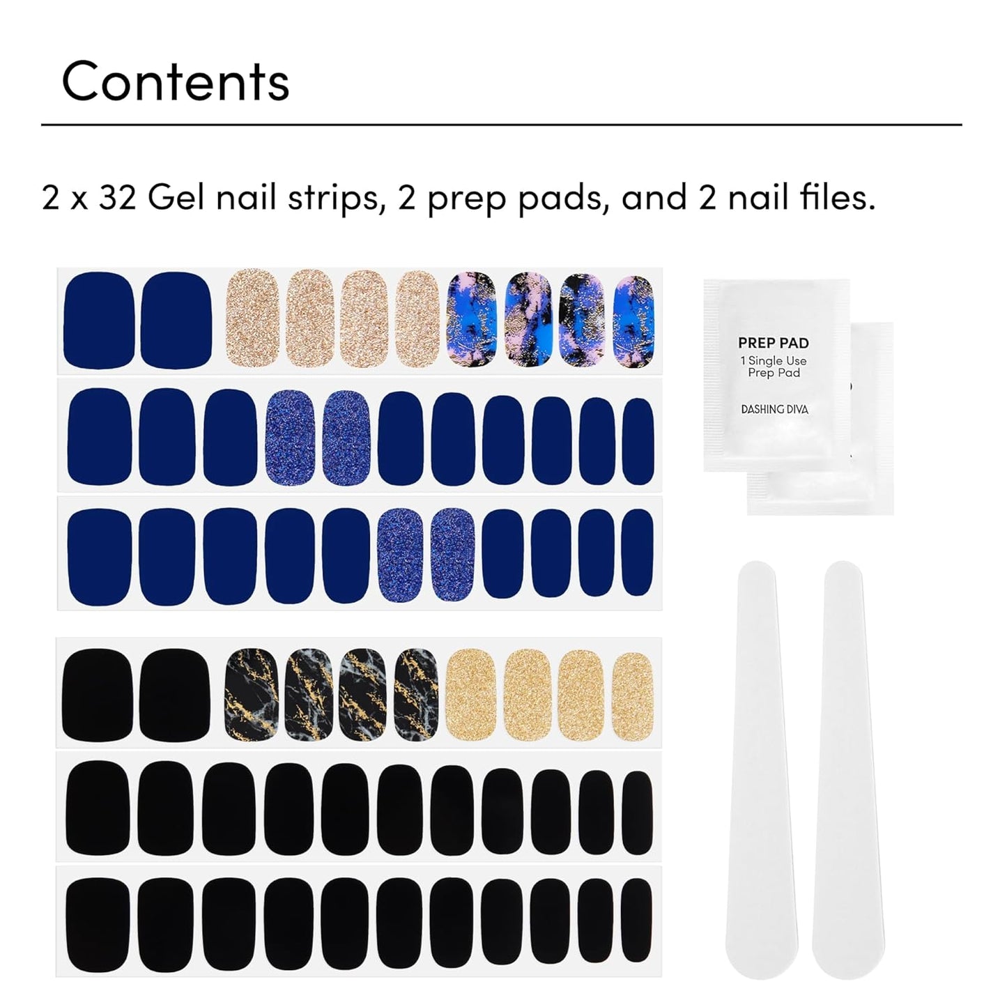 Dashing Diva Gloss Nail Strips Bundle - The Dark Marble Collection- Blue Vixen & Black Obsidian - UV Free, Chip Resistant, Long Lasting Gel Stickers - Contains 2 Sets