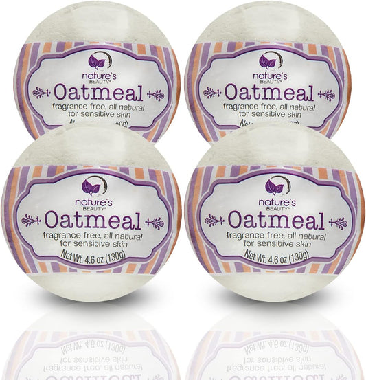 Nature's Beauty Oatmeal Fragrance-Free Bath Bomb Multi-Pack - Natural Hand Crafted, Non-Staining, Luxury Fizzy Spa Bomb, Sooth Dry + Itchy Skin Made w/Almond + Coconut Oil, 4.6 oz (4 Pack)