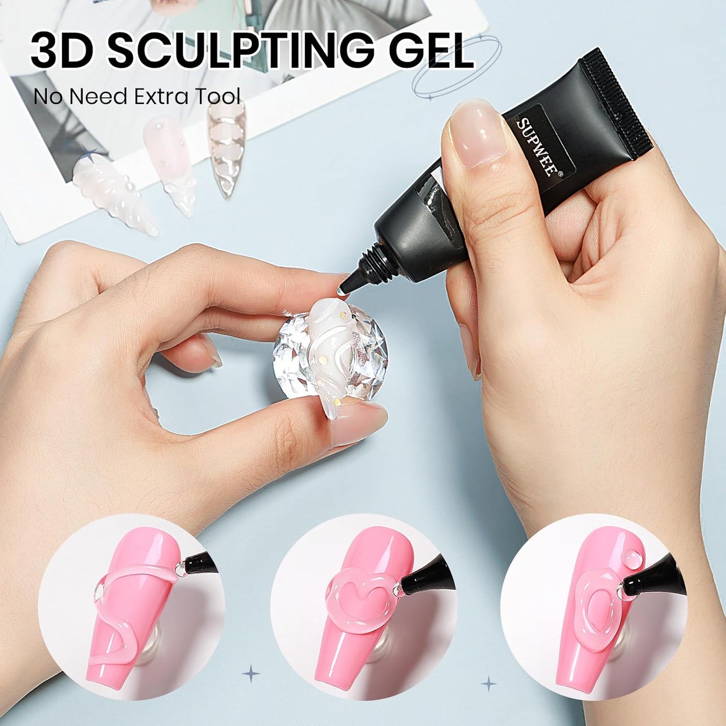 Solid Builder Gel for Nails 3D Nail Sculpture Gel and Nail Rhinestone Glue 3d Gels Nails Art Clear Hard Gels for Christmas Home DIY Manicure