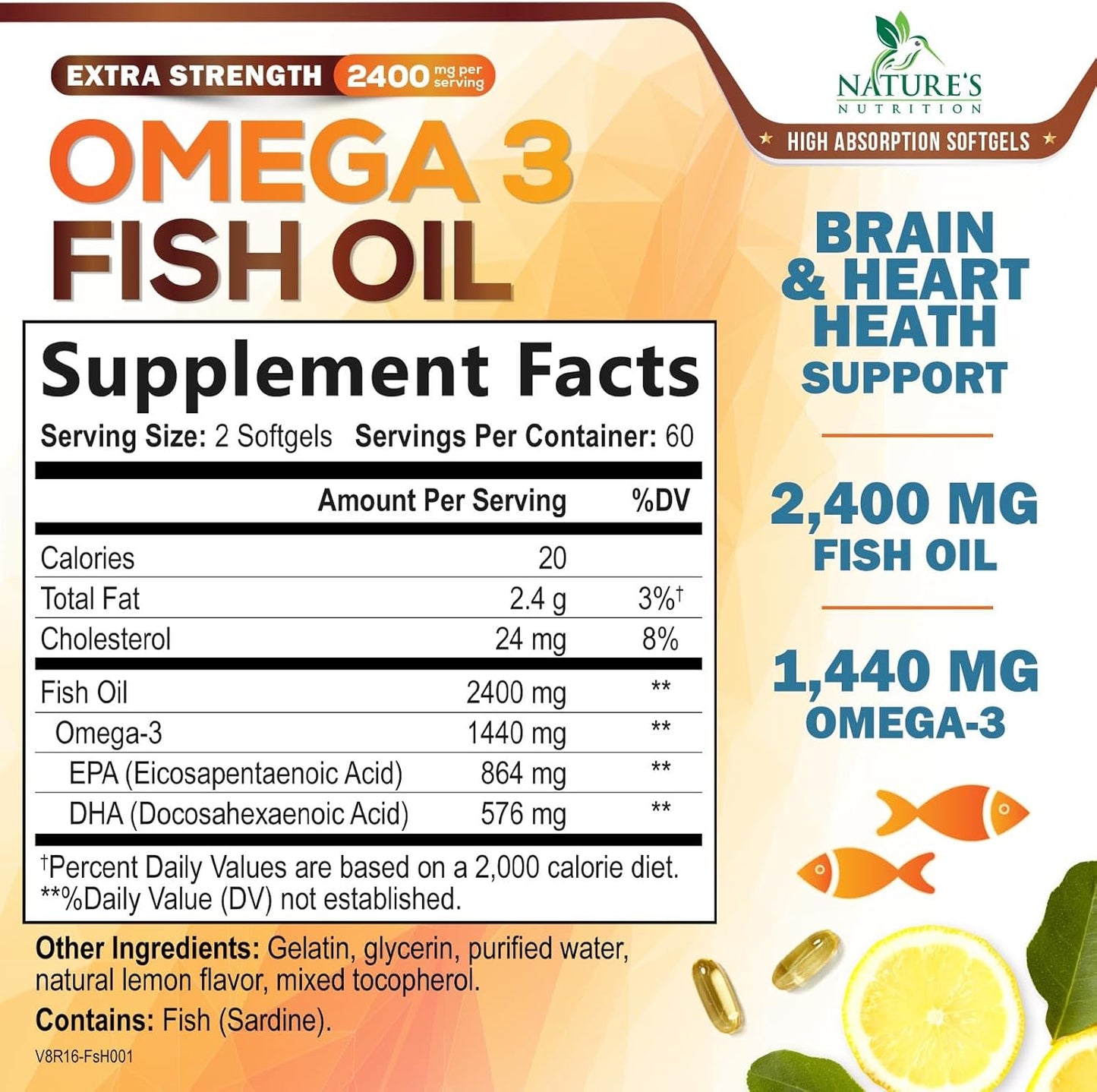 Omega 3 Fish Oil 2400 mg – Triple Strength EPA & DHA Fatty Acids for Heart, Brain & Joint Support – Wild-Caught, Burpless, Lemon Flavor Supplement – Natural, Non-GMO, Gluten-Free – 120 Softgels