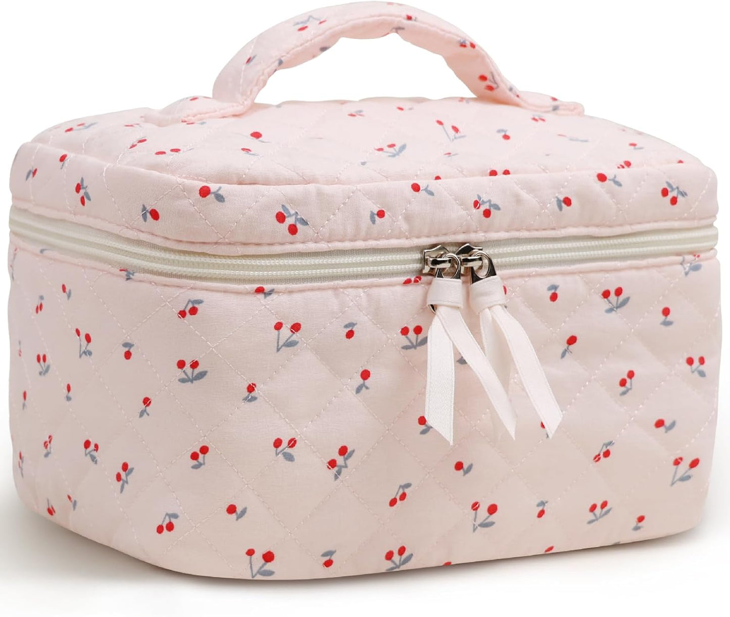 Prite Large Cosmetic Bags for Women Cute Makeup Bag Floral Coquette Aesthetic Toiletry Bag Travel Make Up Organizer Bag (Cherry)