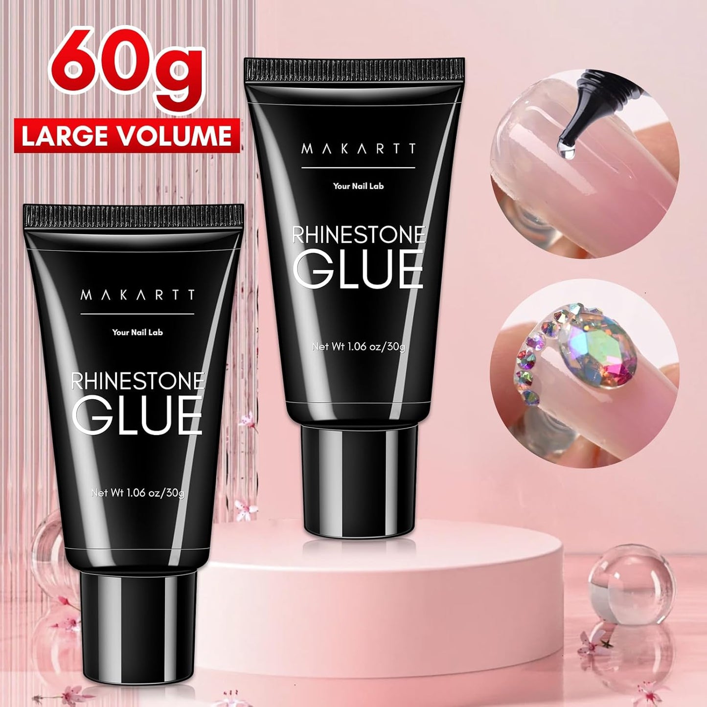 Makartt Nail Rhinestone Glue for Nails- 60ML Super Strong Gel Glue for Rhinestones, 3D Art Charm Decorations Bling Gem Bow Jewels Crystals Beads Diamonds Pearls, Beauty Gift, UV Lamp Need