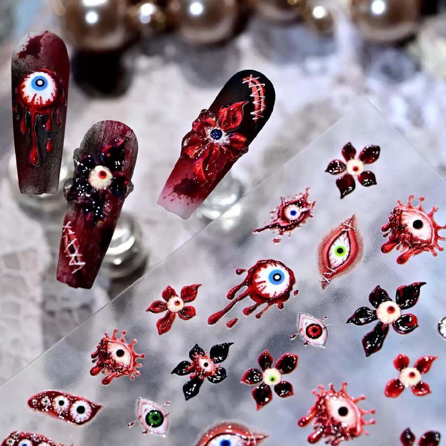 Halloween Nail Sticker 5D Embossed Self-Adhesive Nail Art Stickers Horror Nail Art Decals with Eye Flower Design Nail Decals Supplies for Women Girls Manicure Accessories Decoration