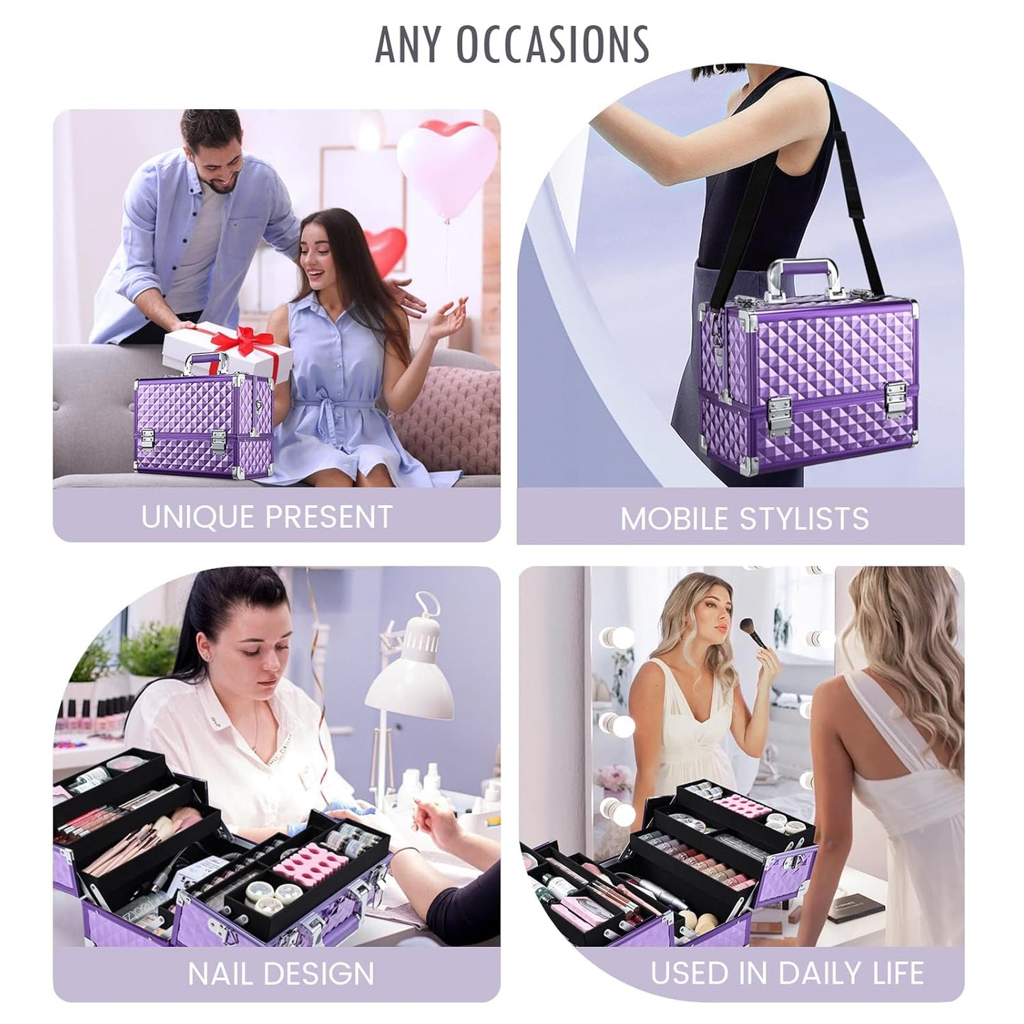 FRENESSA Makeup Train Case Makeup Case 12.6 Inch Large Cosmetic Box Organizer Travel Storage Professional Make Up Train Carrying Case with 6 Trays Locking Shoulder Strap Hard Vanity Storage Purple