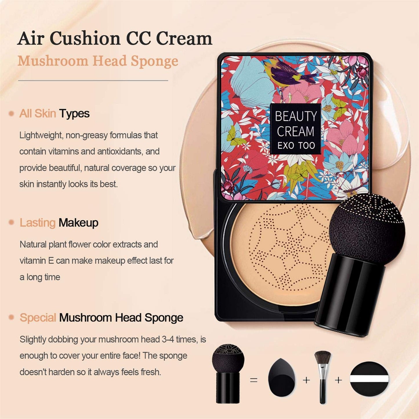 NUIBO Air Cushion CC Cream Mushroom Head, Moisturizing Concealer Makeup Base, Primer Liquid Foundation Long Lasting with Two Mushroom Makeup Sponges 【Natural】