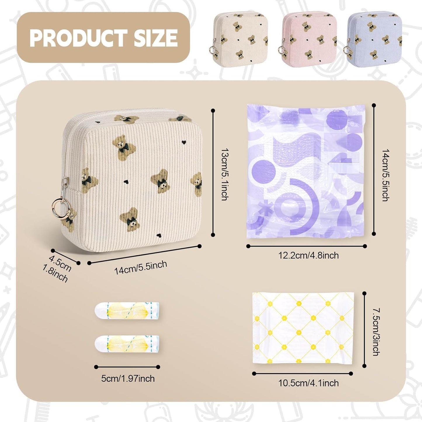 Cute Period Bag for Teen Girls, Bears Corduroy Sanitary Napkin Storage Bag, Menstrual Pad Pouch Tampon Holder for Purse (Blue)