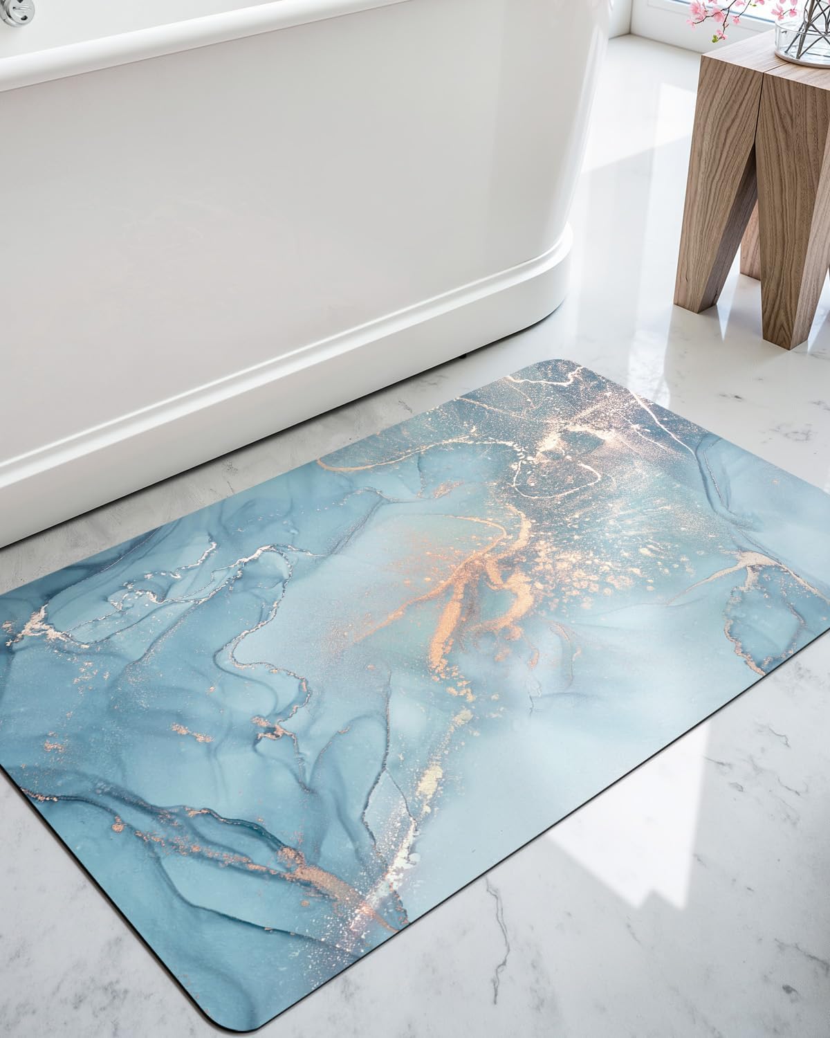 DEXI Bathroom Mat Ultra Thin, Non Slip Bath Rug for Shower Floor, Absorbent Quick Dry Marble Bathmats Low Profile, 16x24, Blue