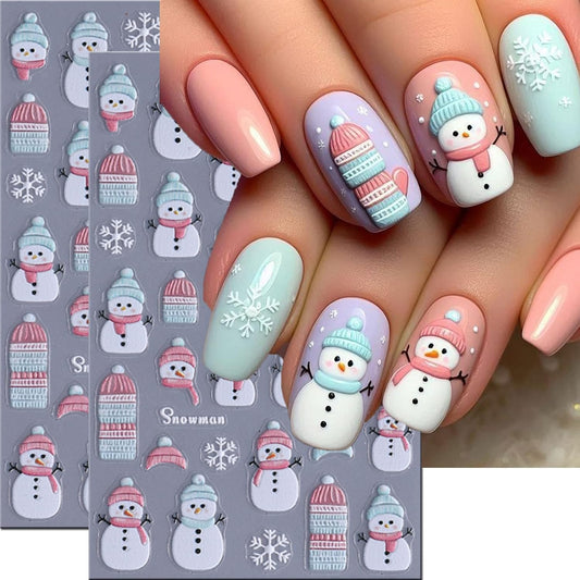 2Pcs Christmas Nail Art Stickers Decals 5D Embossed Winter Nail Decals Snowflake Nail Stickers Pink Blue Hat Scarf Snowman Nail Supplies New Year Winter Nails Supplies for Women Manicure Decoration