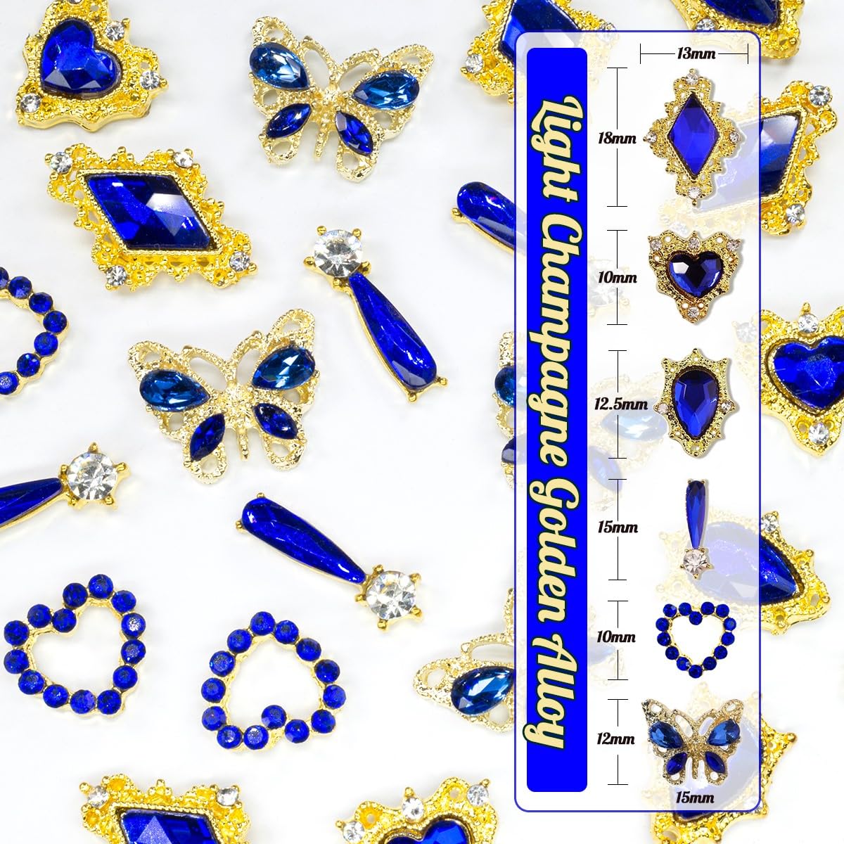 24pcs Blue Luxury Nail Charms +2000pcs Sapphire Rhinestones 3D Big Nail Gems K9 Glass Royal Blue Nail Crystals Diamonds Jewelry Stones Alloy Nail Art Studs Decor Supplies Heart Charms for Nails Crafts