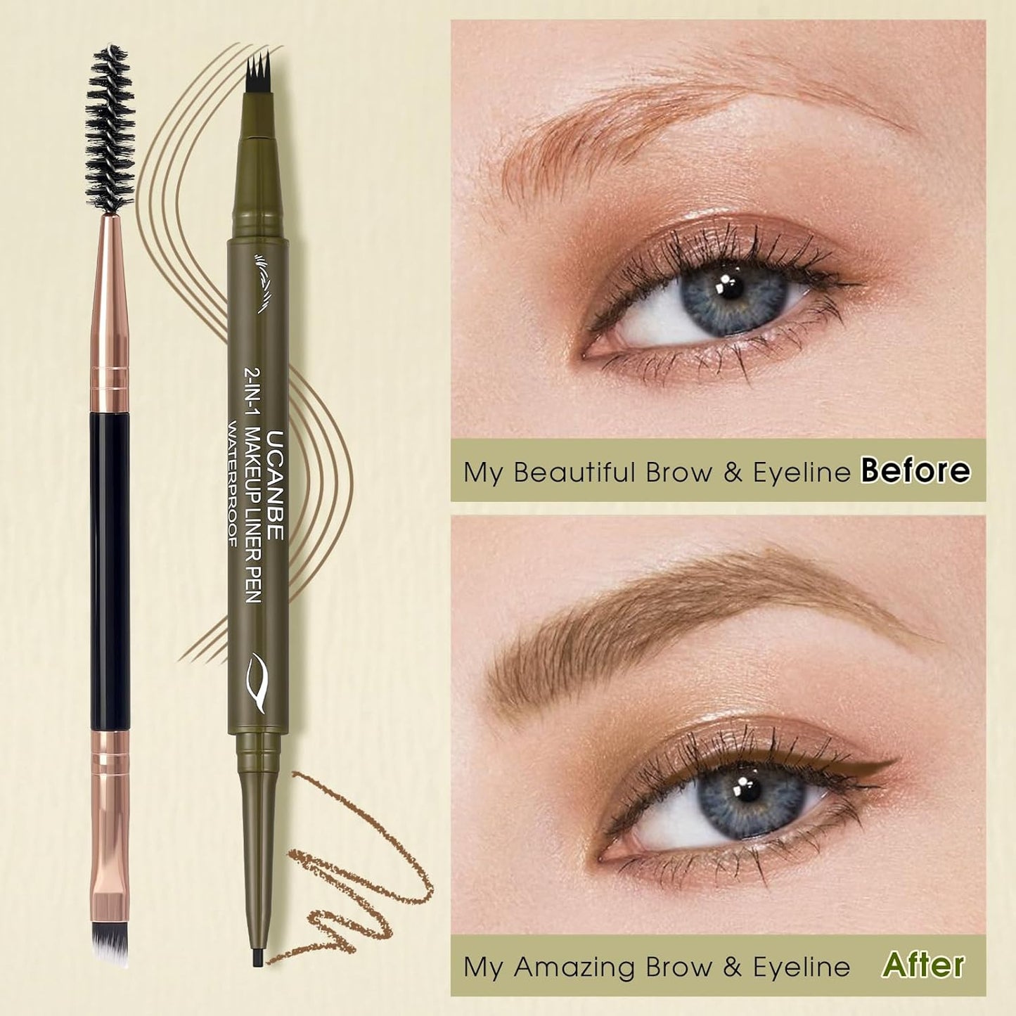 UCANBE Eyebrow Pencils for Women with Spoolie Brush, Dual-Ended Eyebrow Pen with 4-Fork-Tip & Gel Eyeliner, Microblading Brow Pen with Eyeliner Pencil + Brow Brush for Hair Like Brows, Light Brown