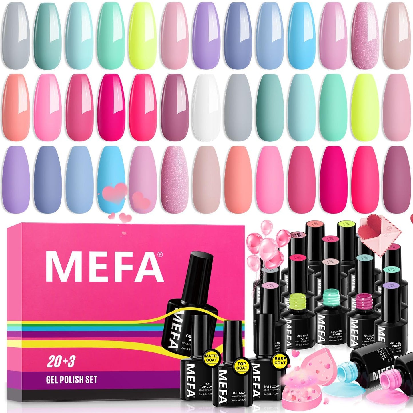 MEFA Gel Nail Polish Set, 23 Pcs Pastel Hot Pink Sage Green Blue Bright Spring Colors Gel Polish Set Macaron Colors Soak Off Nail Polish Nails Art for Women Girl DIY Salon Home Manicure Decoration