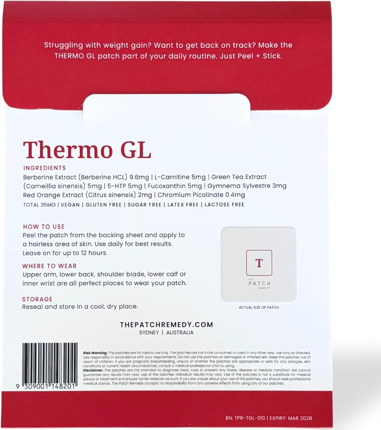 Thermo GL Patch - GLP-1 Patches with Berberine, Green Tea, L-Carnitine, 5-HTP, Fucoxanthin | 30 Patches