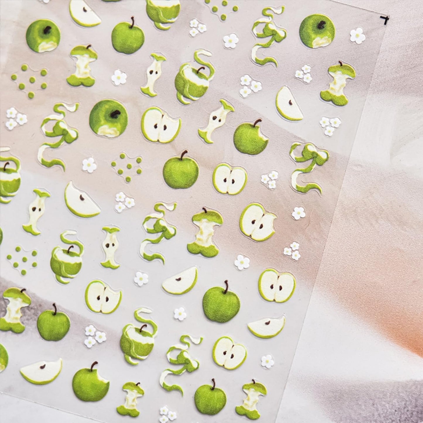 5D Embossed Nail Stickers for Nail Art Green Apple Nail Art Stickers White Flower Nail Decals Self Adhesive Spring Nails Supplies for Women Girls
