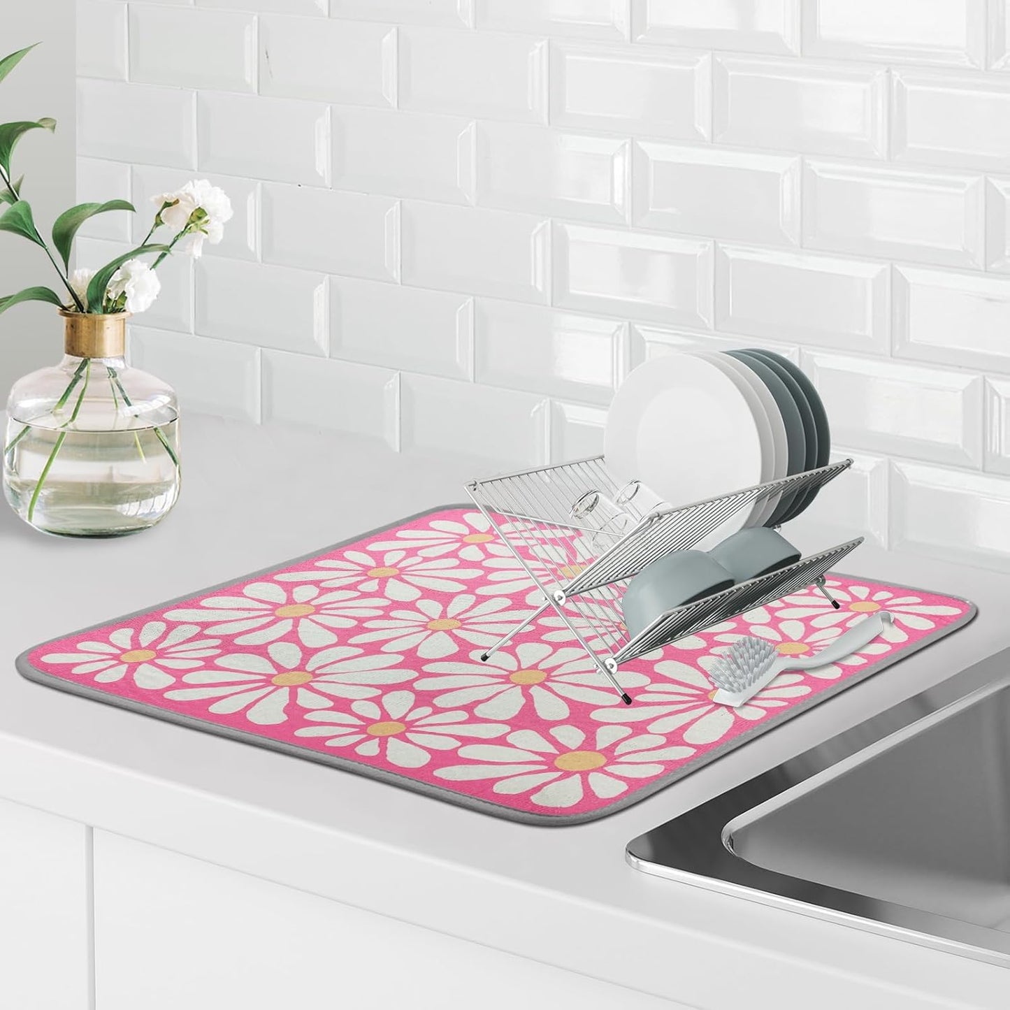 SHIYUE Dish Drying Mat for Kitchen Counter Super Absorbent Spring Kitchen Decor Microfiber Drying Matainers Rack Fast Pad Dish Drainer Mats(Pink Flower,18''x24'')