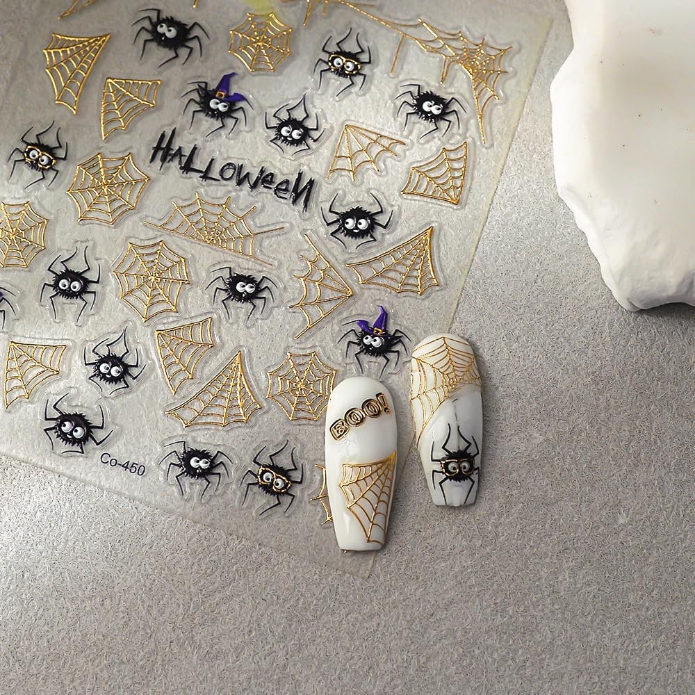 Halloween Nails Stickers Black Spider with Hat Nails Sticker 3D Embossed Gold Web Self Adhesive Sticker Nail Decals Funny Spiders Nail Art Decal Halloween Decals for Nail DIY Manicure 1Sheet