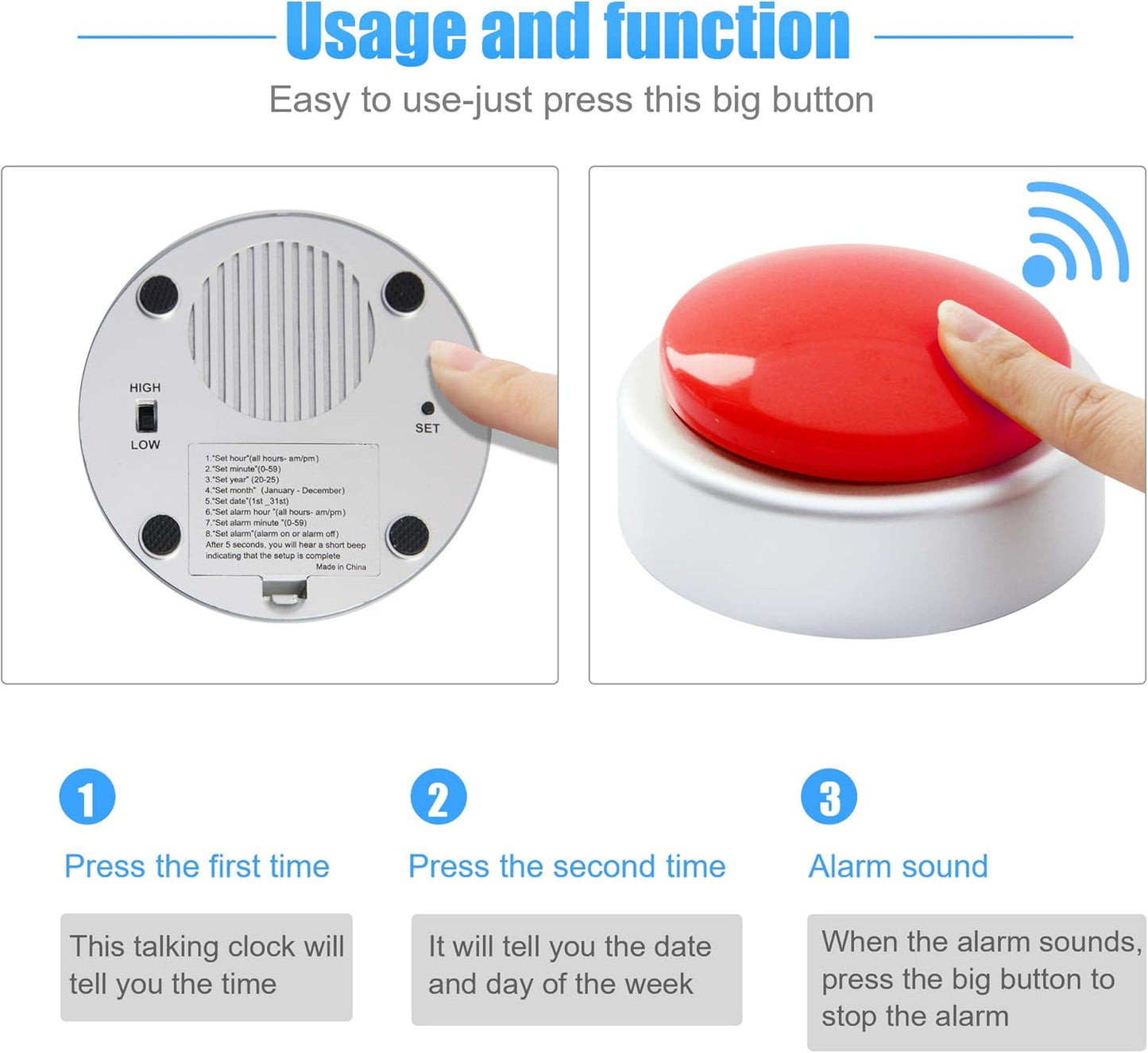 Large Talking Button Clock, Talking Alarm Clock with Volume Control Telling Time and Day of The Week Alarm Gift Clock for Mother Father Seniors Elderly Blind People - (Red and Silver)