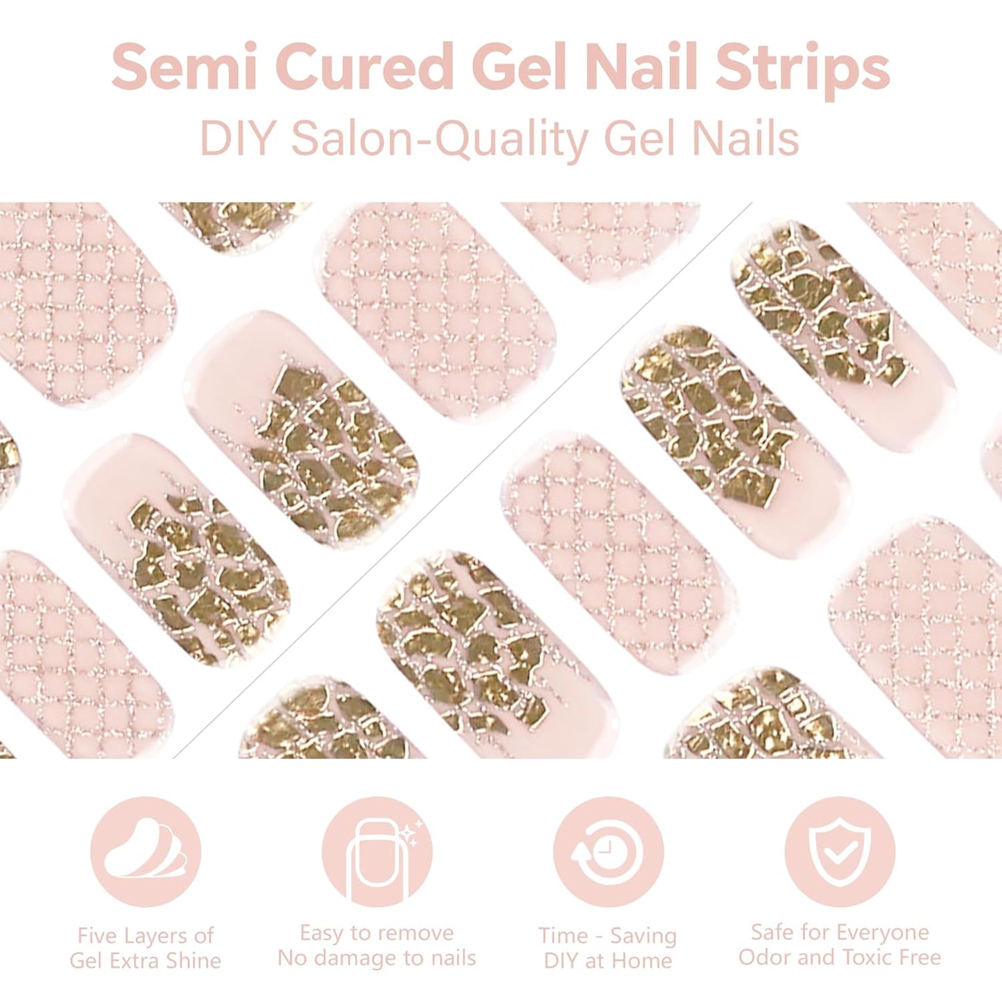 Semi Cured Gel Nail Strips-Semi Gel Nail Polish Stickers Waterproof Nail Art Wraps 18 Pre-Cut Designs Quick Dry Manicure Set Works with Any UV/LED Lamps(Golden Hour)