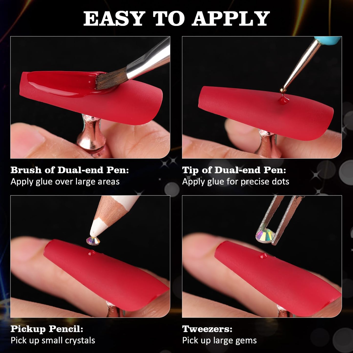 Rhinestones for Nails, Manicure Kit with Rhinestone Glue Gel, Multi Shapes Champagne Glass 3D Nail Charms + Flatback 2-5mm Round Beads & Gem Glue (UV/LED Needed) with Dotting Tools