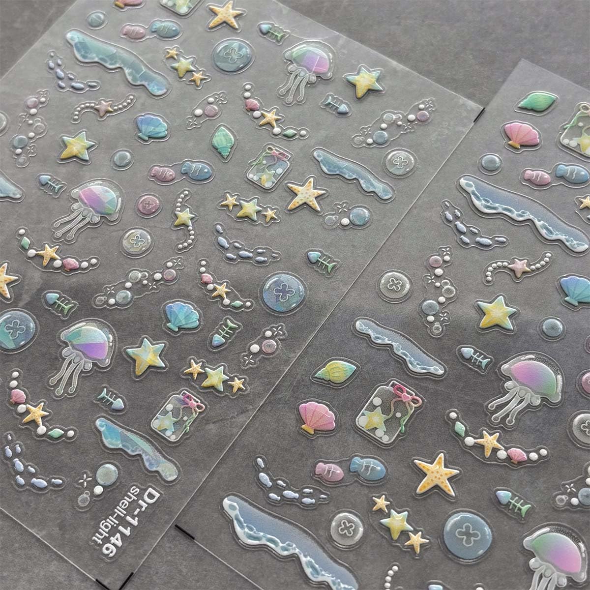 2 Sheet Aurora Nail Art Sticker Summer Nails Decals 3D Adhesive Stickers Jellyfish Shell Starfish Design Cute Nails Art Decals for Women Girls Holiday Manicure Decoration