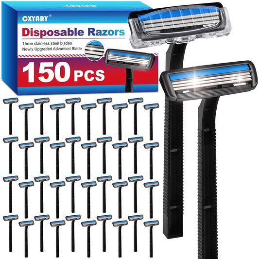 CXYARY 150 Pcs 3 Blade Disposable Razors With Clear Safety Cap, Shaving Razors Bulk for Men &Women, Stainless Steel Blade, Multipurpose Portable Shave Razor for Bathing Hotel Travel, Black