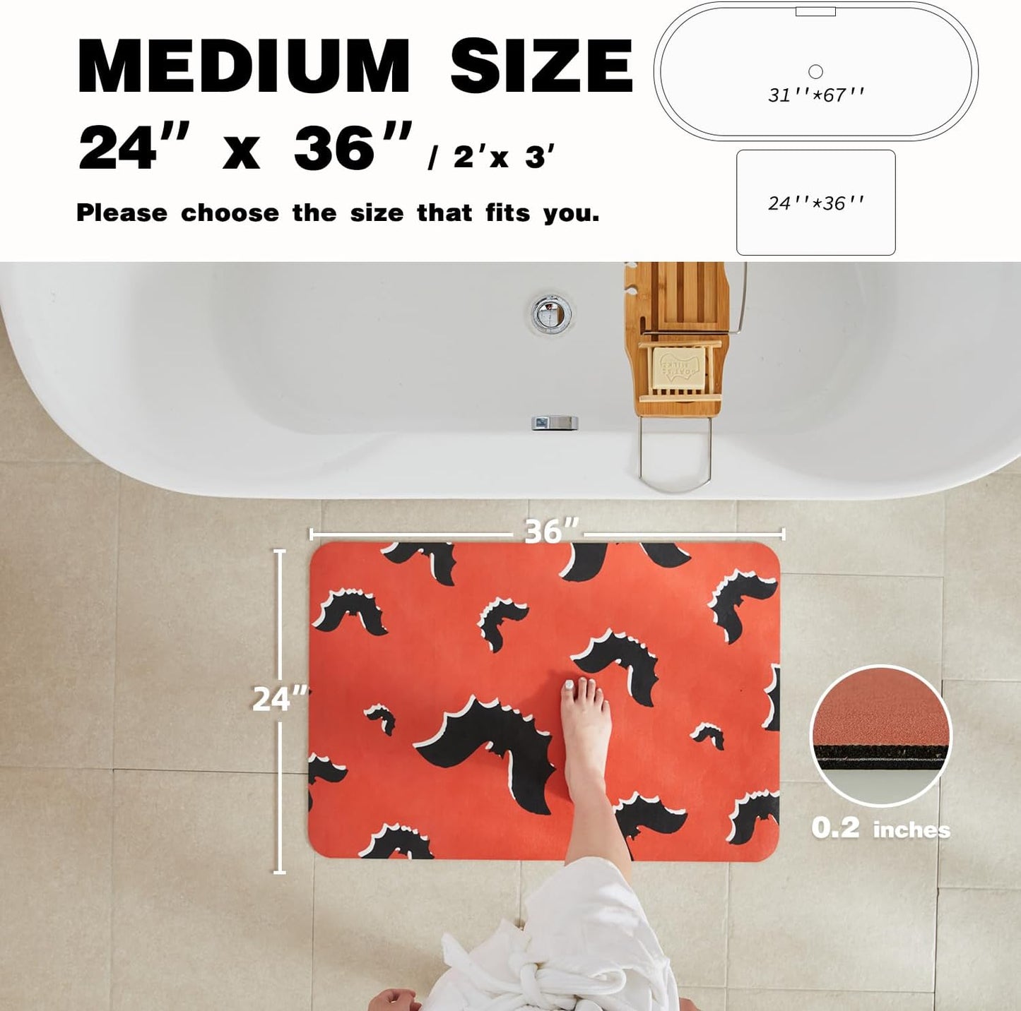 Halloween Bath Mat, Thin Halloween Bathroom Rug Non Slip Quick Dry Bat Bath Mat Fits Under Door Thin Floor Mat Halloween Decor, 24''x36'', Gothic Bats Orange