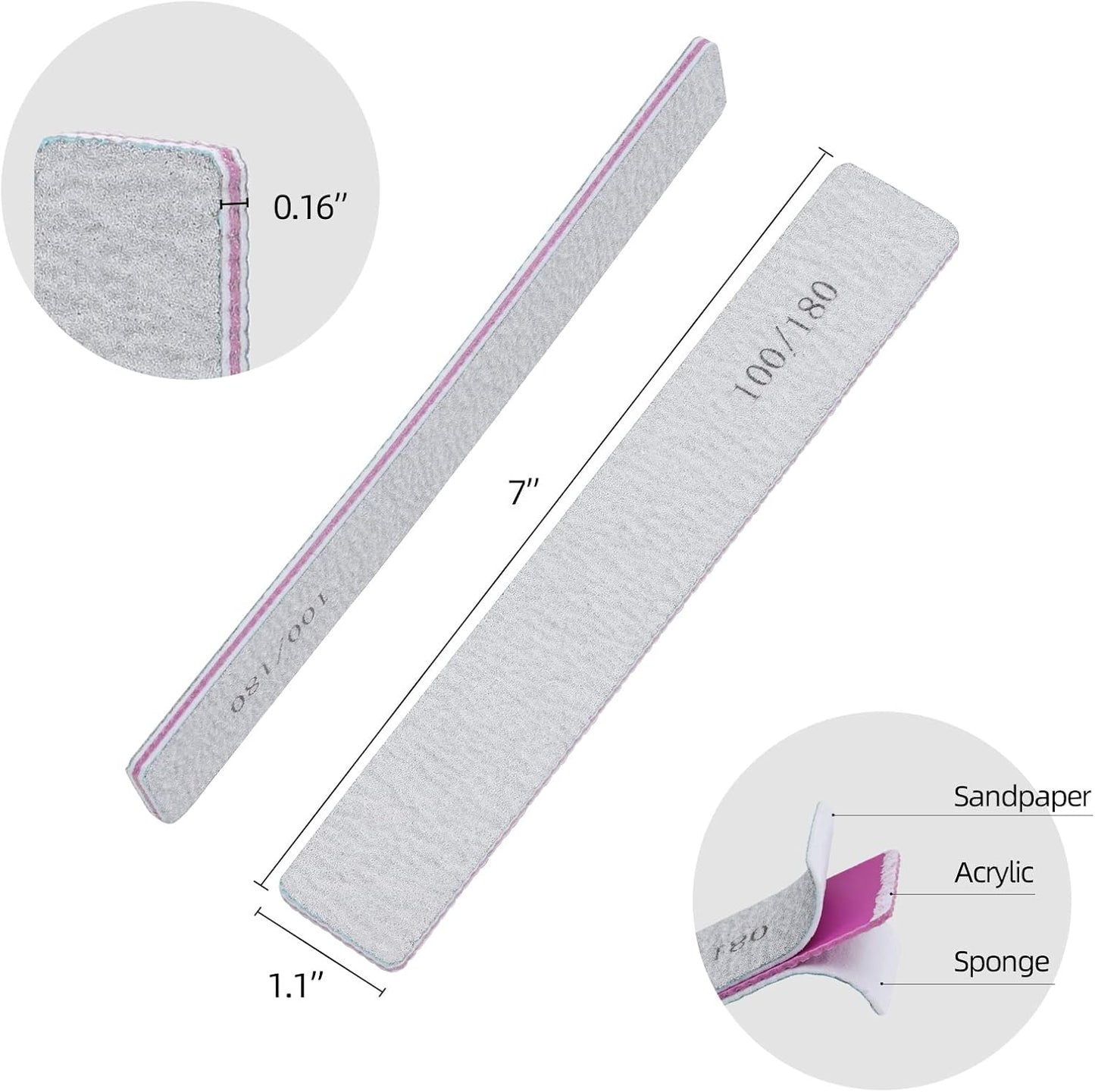 50 Pcs Nail Files for Acrylic Nails 100/180 Grit Double Sides Emery Boards Fingernail Files, Professional Nail Buffering Files