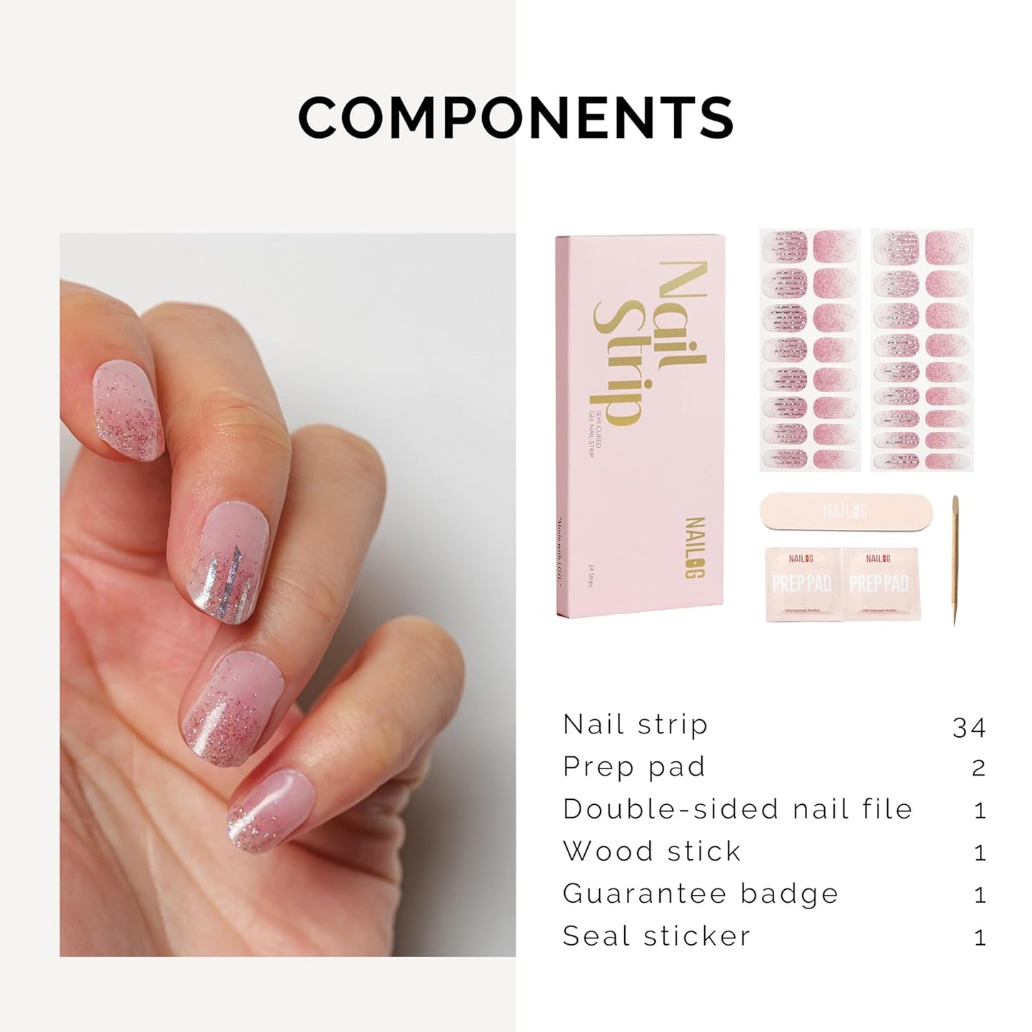 NAILOG Semi Cured Gel Strips, 34 pcs Salon-Quality Stickers, Long Lasting Wraps for Women With Soft Gel Finish (Pink Lane)