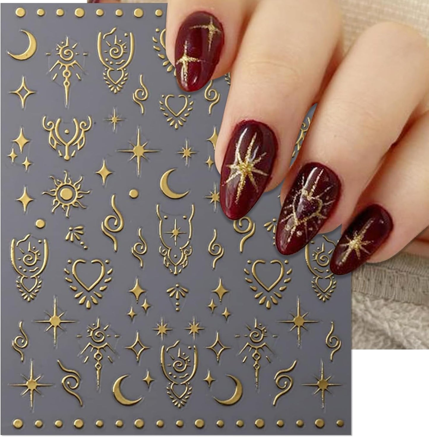 9 Sheets Gold Heart Nail Art Stickers - Valentines Day Self-Adhesive 3D Nail Decals for DIY Golden Silvery Manicure